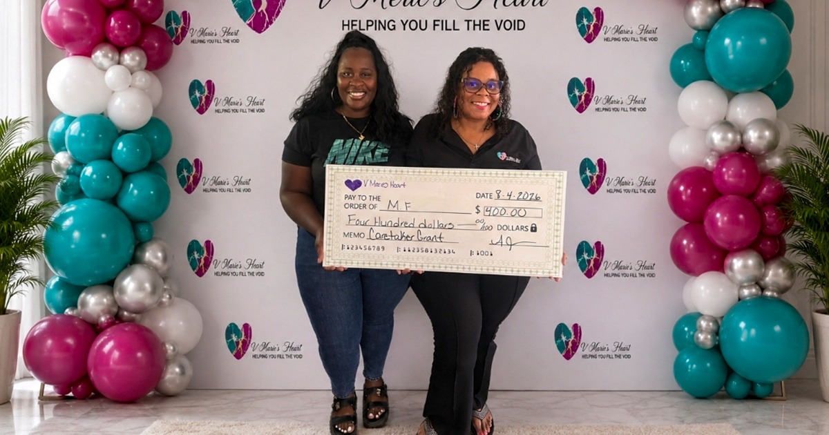 V Marie’s Heart presents a $400 Caregiver Grant to a grant recipient